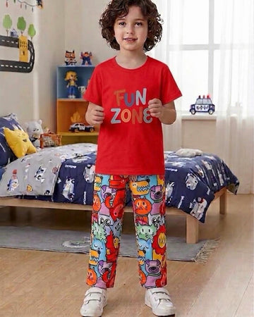 0000 Red Fun Zone Printed Half Sleeves T-shirt with Funkey Printed Pajama Kids Suits