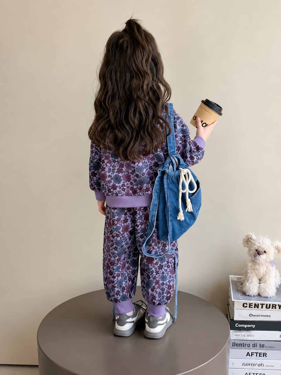 0000 Purple Floral Printed Half Zip Kids Tracksuit