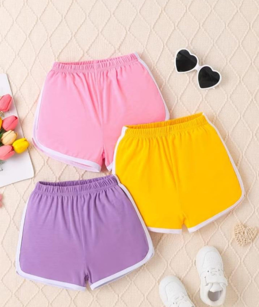 0000 Pack Of 3 Plain White Strip Shorts For Ladies ( Baby Pink,Yellow,Purple )