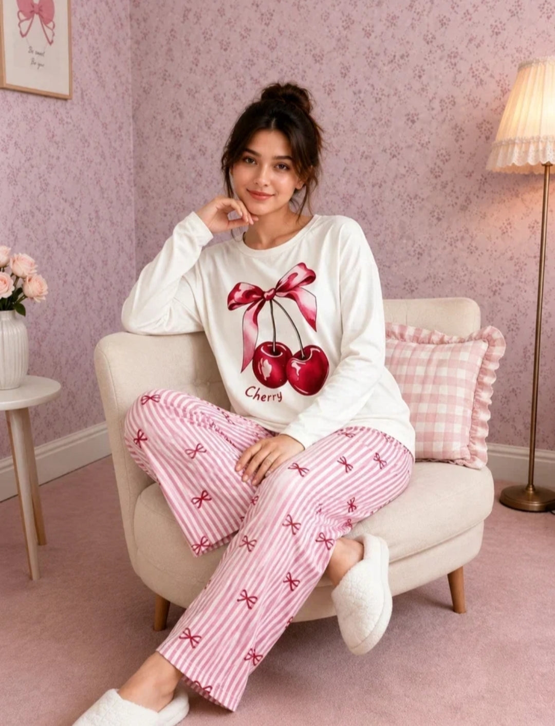 0000 Offwhite Sweet Cherry Printed Full Sleeves T-shirt With Lining Bow Printed Pajama Suit