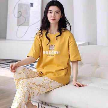 053 Yellow Dream Bear Half Sleeves T-shirt With Printed Trouser