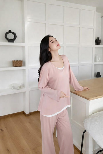 0000 Baby Pink White Neck Lace Full Sleeves With Matching Pajama night suit For Her