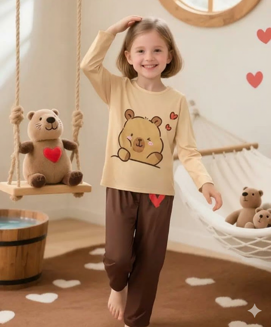00001 Brown Bear Printed Full Sleeves T-shirt with Heart Printed Pajama Kids Suits