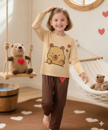 0000 Brown Bear Printed Full Sleeves T-shirt with Heart Printed Pajama Kids Suits