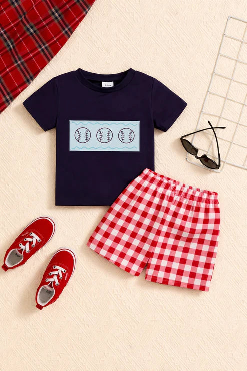 0000 Navy Blue 3 Balls Printed Half Sleeves T-shirt with Check Printed Shorts Kids Suits
