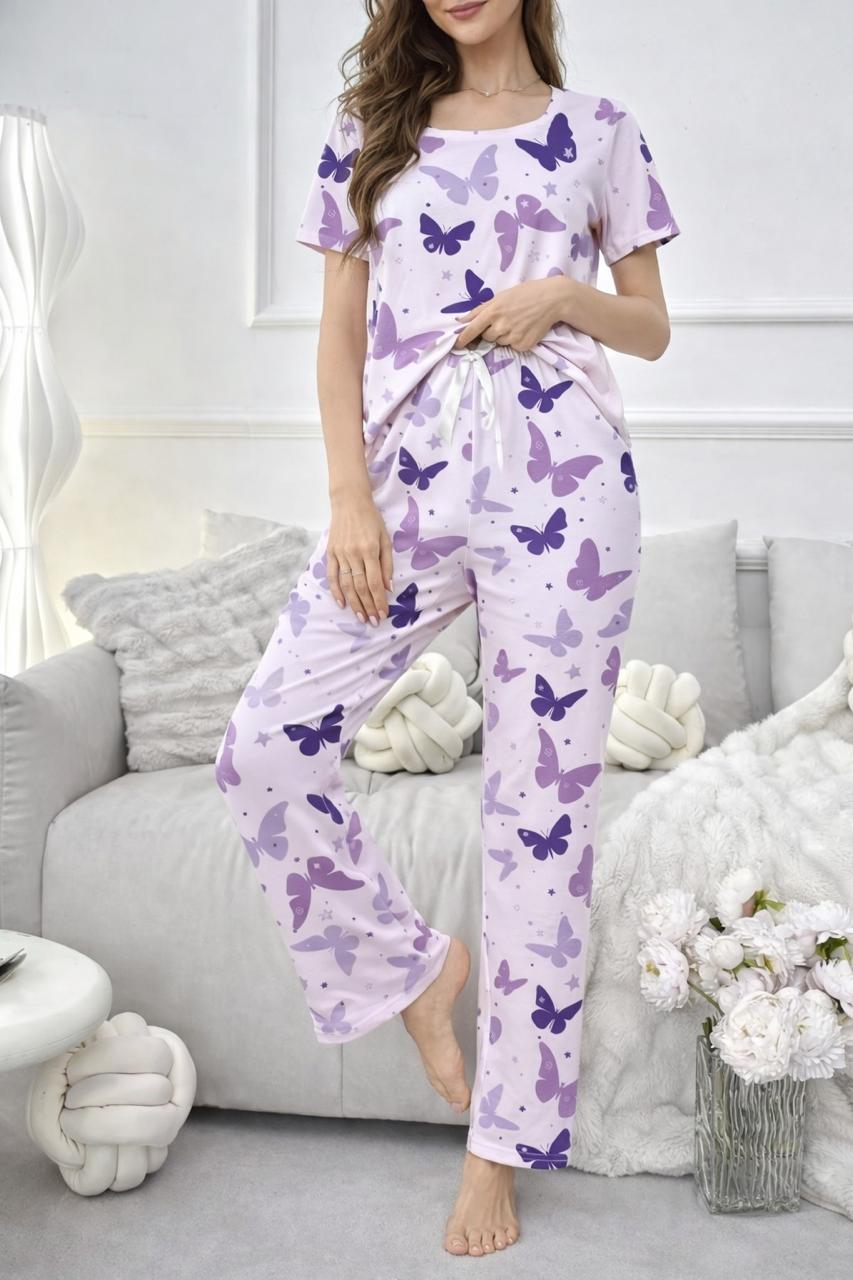 0000 Lilac All Over Butterfly Printed Half Sleeves T-shirt With Butterfly Printed Pajama Suit