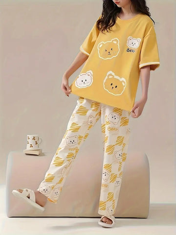 00000 Yellow 4Bear Printed Half Sleeves T-shirt With Printed Pajama Suit