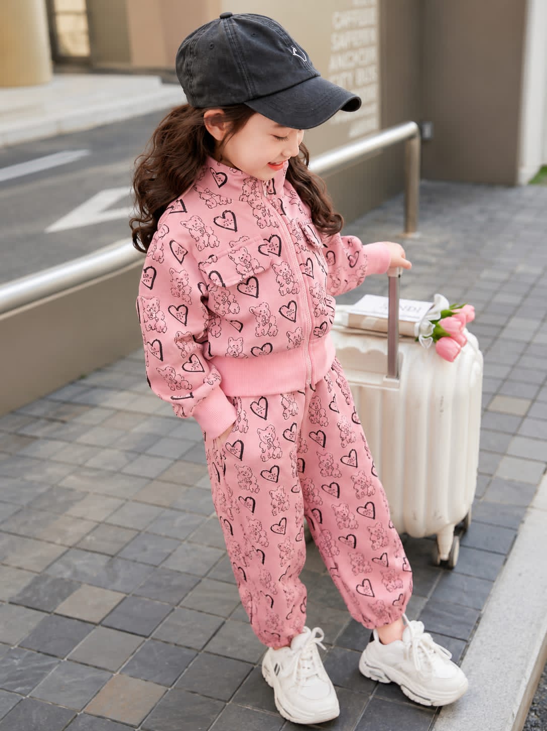 0000 Pink Teddy Bear Printed Zipper Kids Tracksuit