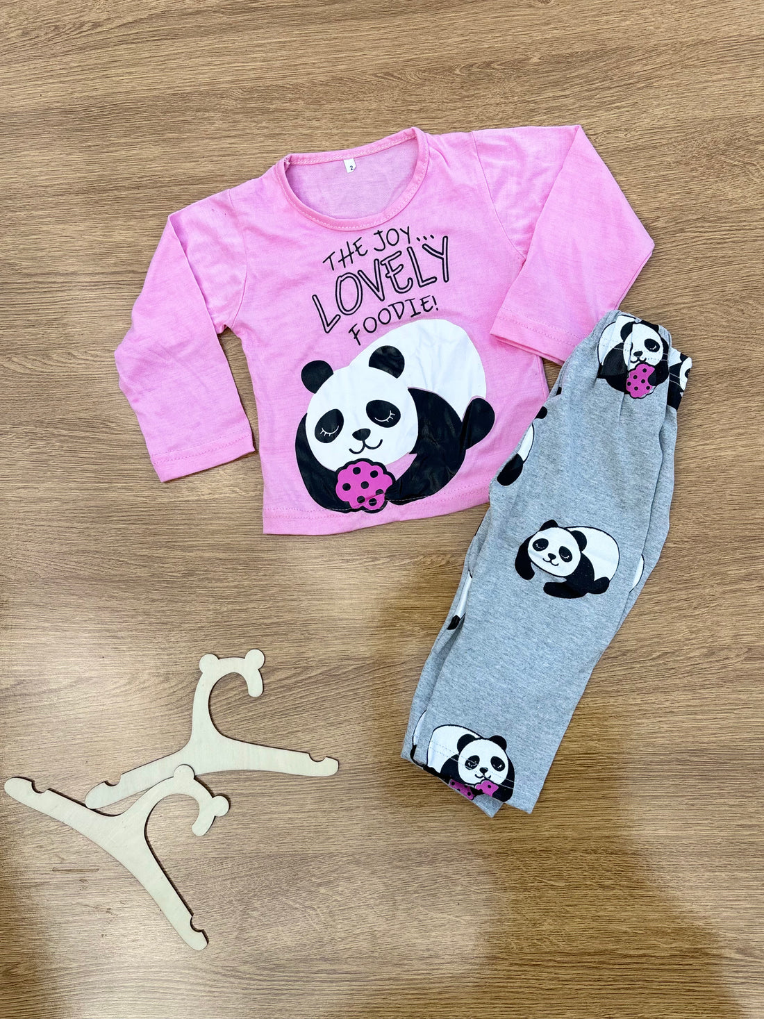 0001 Baby Pink Panda Printed Full Sleeves T-shirt With Grey Panda Printed pajama suit