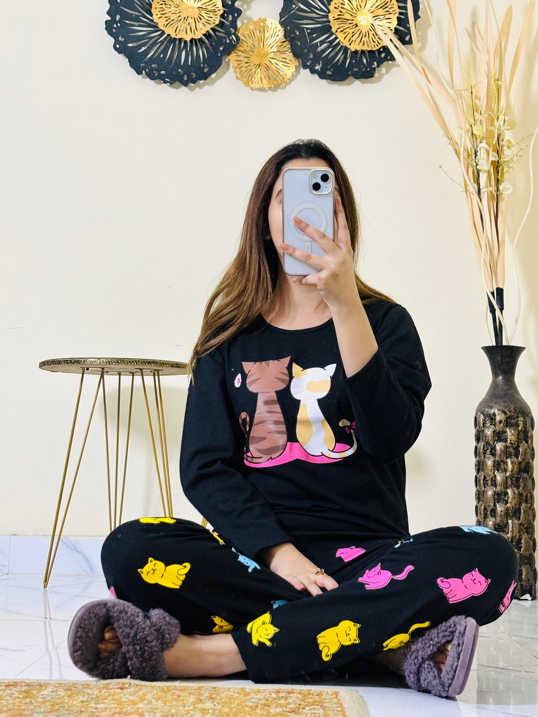 0000 Black Cats Print Full Sleeves Night Suit