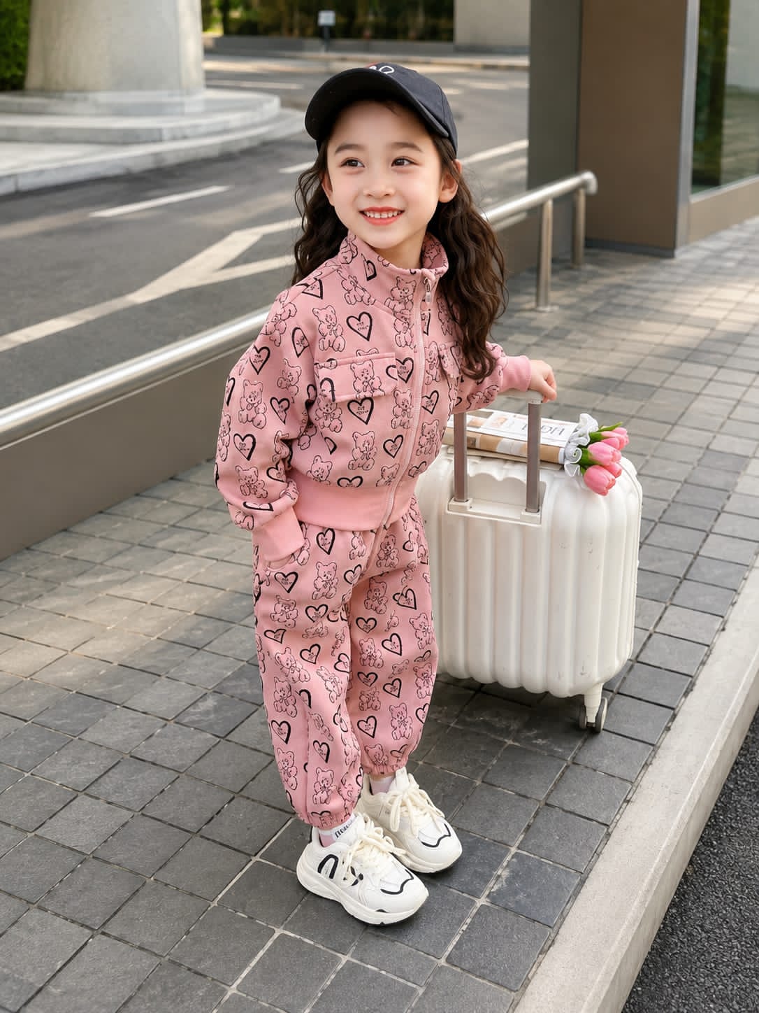 0000 Pink Teddy Bear Printed Zipper Kids Tracksuit