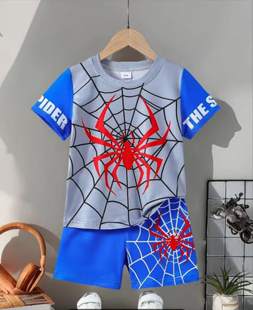 0000 Blue Grey Spider Man Face Printed Half Sleeves T-shirt with Blue Spider man Printed Pajama Kids Suits