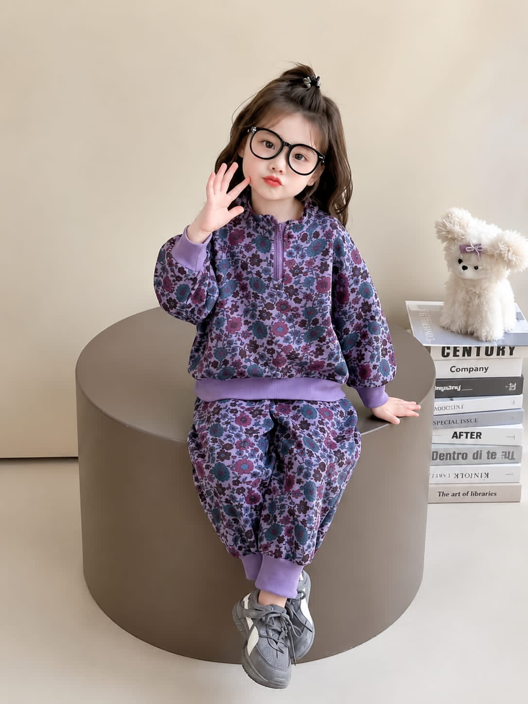 0000 Purple Floral Printed Half Zip Kids Tracksuit