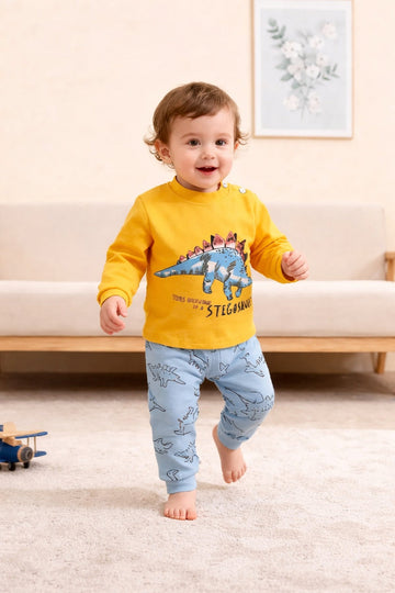 0000 Yellow Dinasour Printed Full Sleeves T-shirt with Grey Printed Pajama Kids Suits