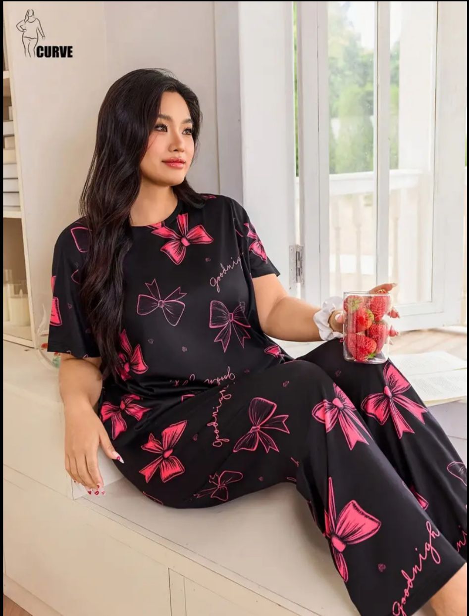 0000 Black All over Bow Printed Half Sleeves T-shirt With Panda Printed Pajama Suit
