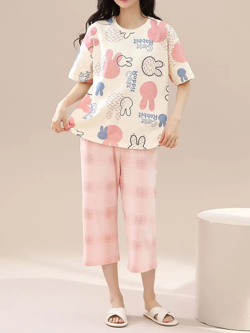 0001 Offwhite Multi Cute Rabbit Printed Half Sleeves T-shirt With Printed Pajama Suit
