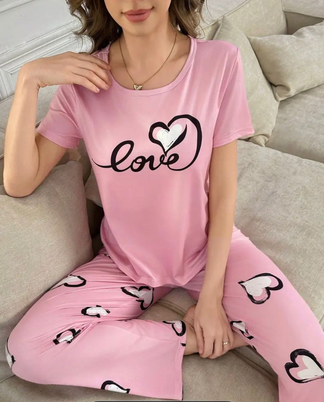0001 Baby Pink Love Printed Half Sleeves T-shirt With Heart Printed Pajama Suit