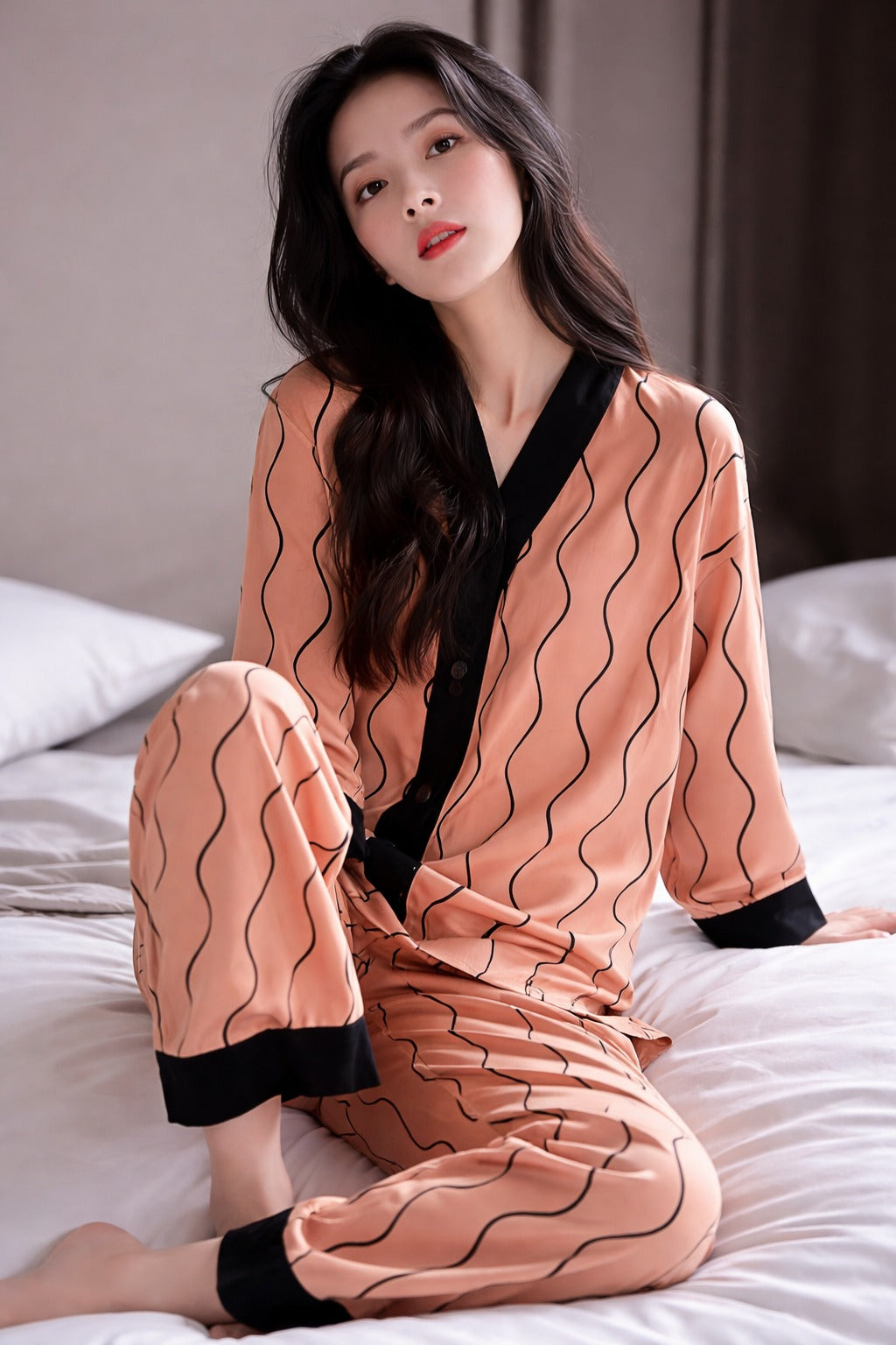 0000 Orange With Black lining Printed Front Button Style For Her