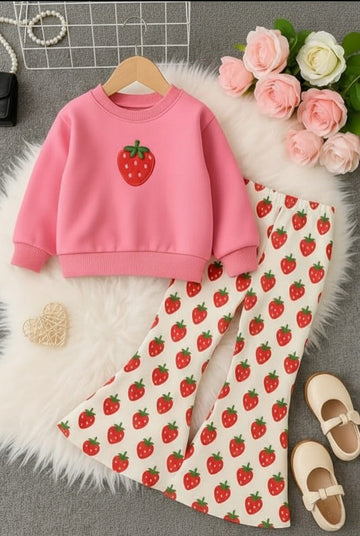 0000 Baby Pink Strawberry Printed Sweatshirt With Strawberry Printed Fleece Trouser Tracksuit For Kids