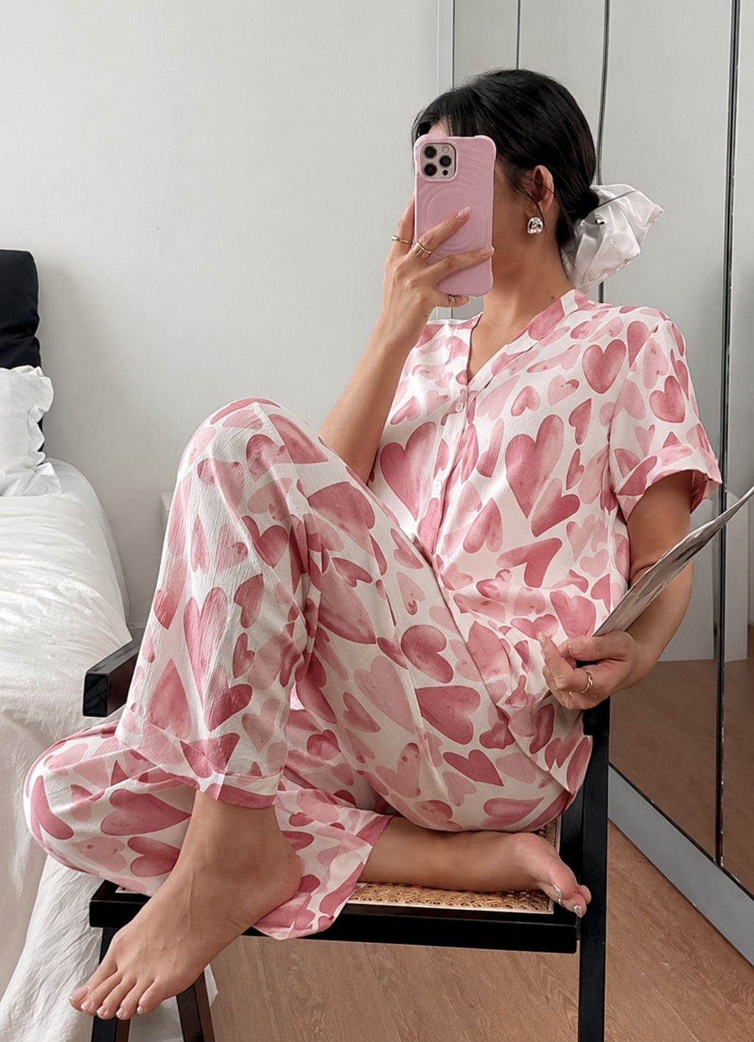 0000 Rose Pink All Over Big Hearts Printed Front Button Style For Her