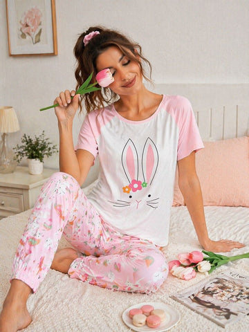 0000 Offwhite Rabbit Ear Printed Half Sleeves T-shirt With baby Pink Rabbit Printed Pajama Suit