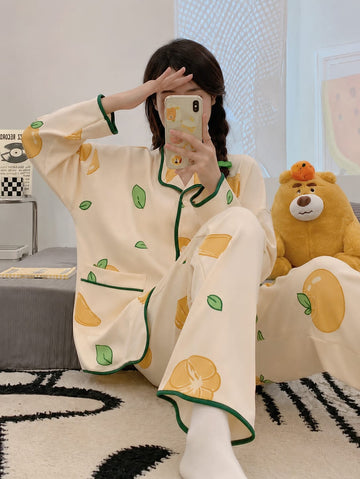 0000 Offwhite Lemon & Leaves Printed Front Button Style For Her