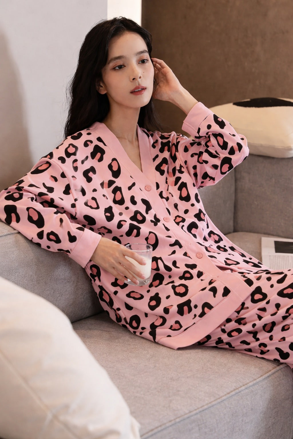 0001 Baby Pink Cheetah Printed Front Button Style For Her