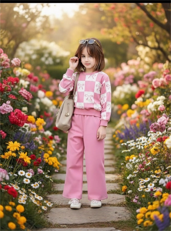 Baby Pink Square Bow Printed Sweatshirt With Baby Pink Fleece Trouser Tracksuit For Kids