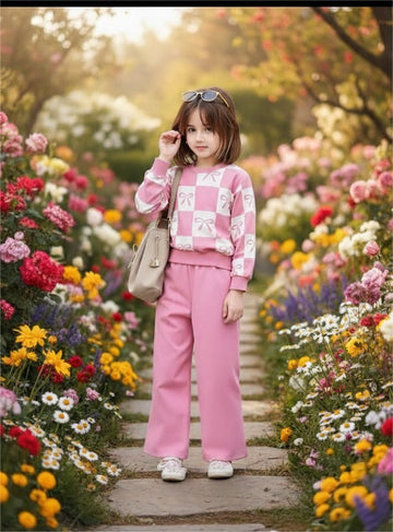 0000 Baby Pink Square Bow Printed Sweatshirt With Baby Pink Fleece Trouser Tracksuit For Kids