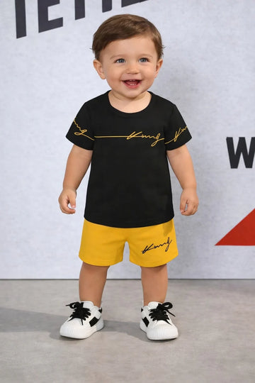0000 Black King Printed Half Sleeves T-shirt with Yellow Printed Shorts Kids Suits