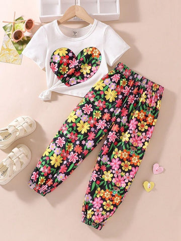 0000 Offwhite Flower Heart Printed Half Sleeves T-shirt with Flower Printed Pajama Kids Suits