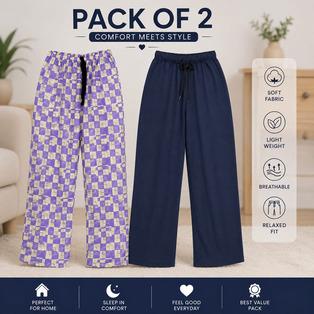 0000 A Pack of 2 NavyBlue Plain / Lilic Check Printed plazzo