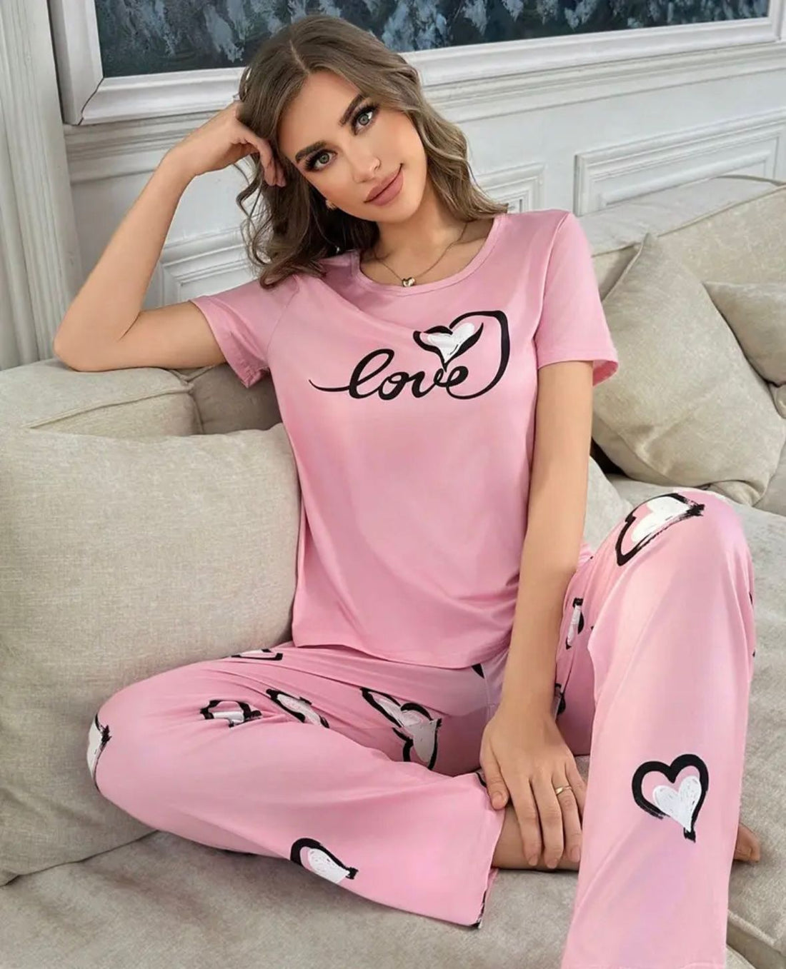 0001 Baby Pink Love Printed Half Sleeves T-shirt With Heart Printed Pajama Suit