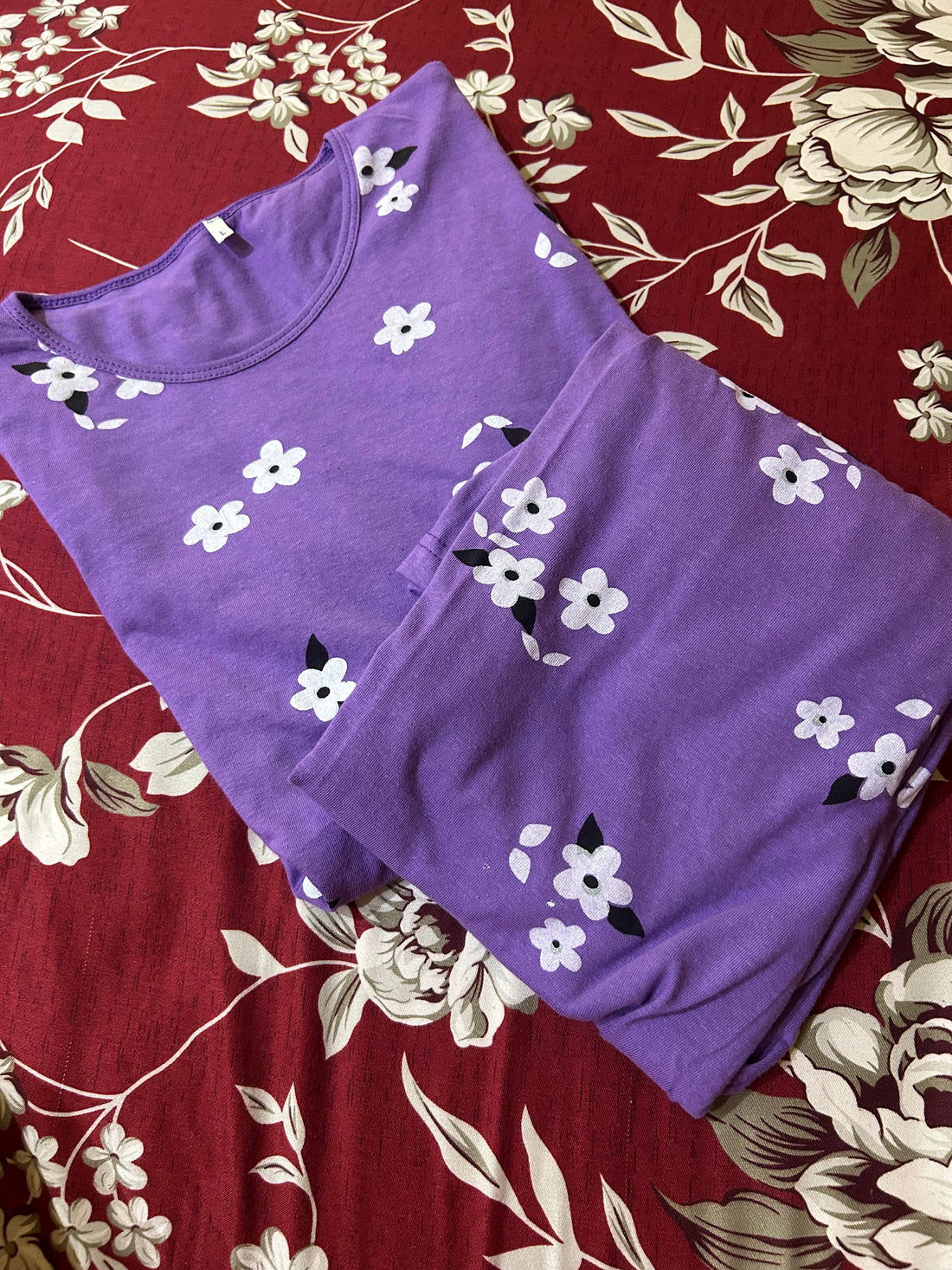 000000 Lilic Flower Half Sleeves With Same Printed Trouser