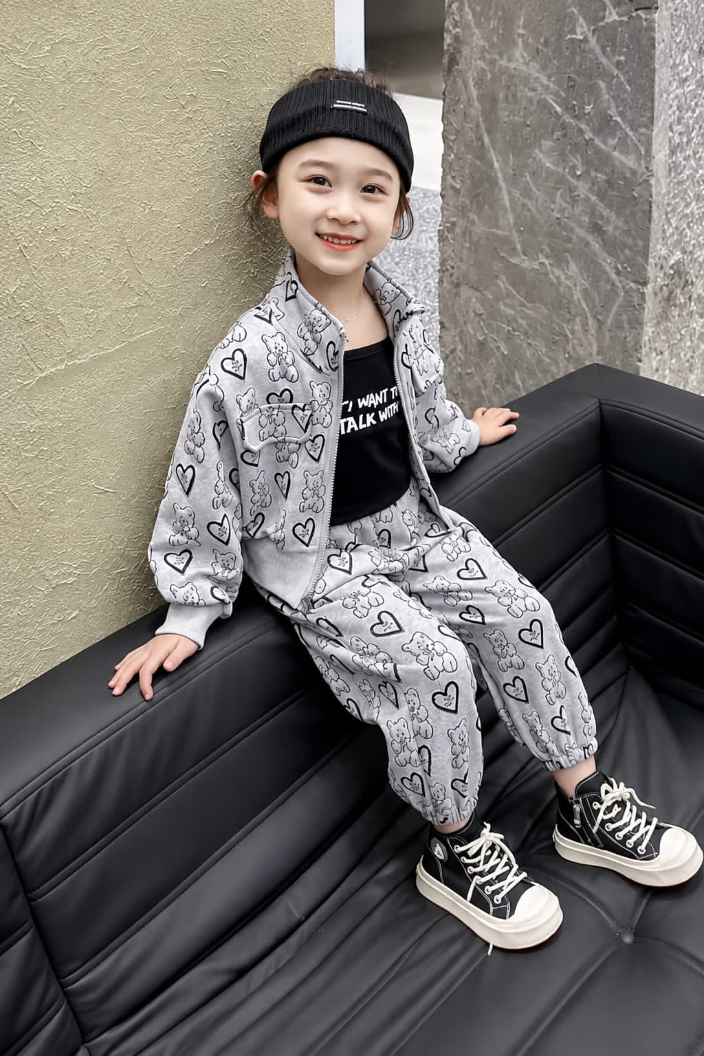 0000 Grey Teddy Bear Printed Zipper Kids Tracksuit