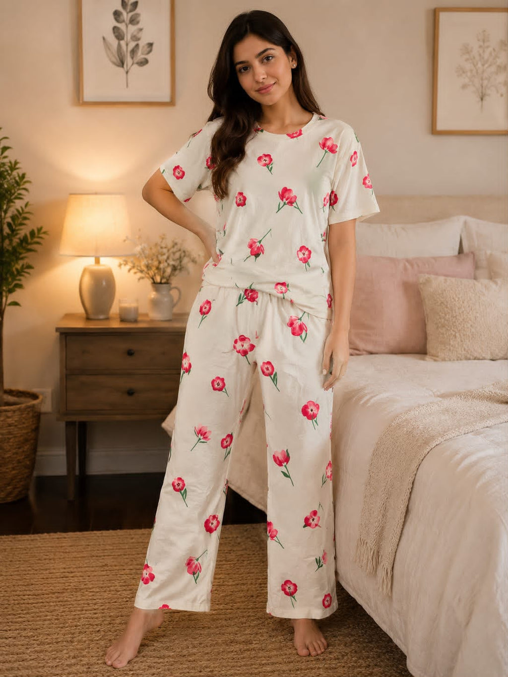 0000 Offwhite Red Rose Printed Half Sleeves T-shirt With Rose Printed Pajama Suit