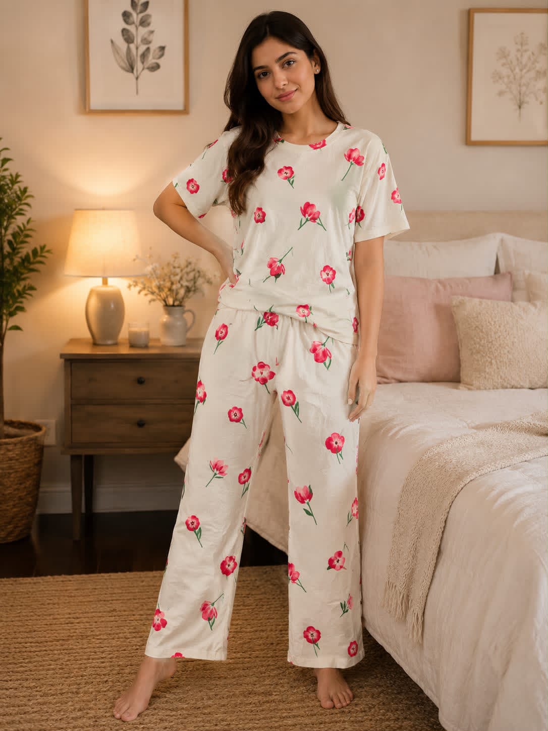 0000 Offwhite Red Rose Printed Half Sleeves T-shirt With Rose Printed Pajama Suit