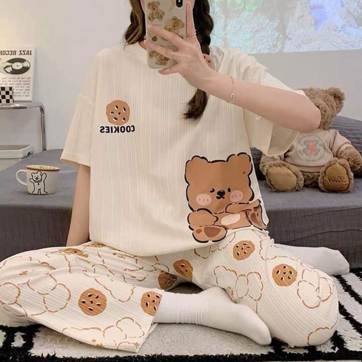 00001 White COOKIES BEAR Print Half Sleeves With Printed Trouser