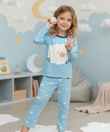 0000 Sky Blue Sheep Printed Full Sleeves T-shirt with Printed Pajama Kids Suits