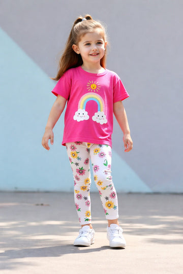 0000 Baby Pink Rainbow Printed Half Sleeves T-shirt with Flower Printed Pajama Kids Suits