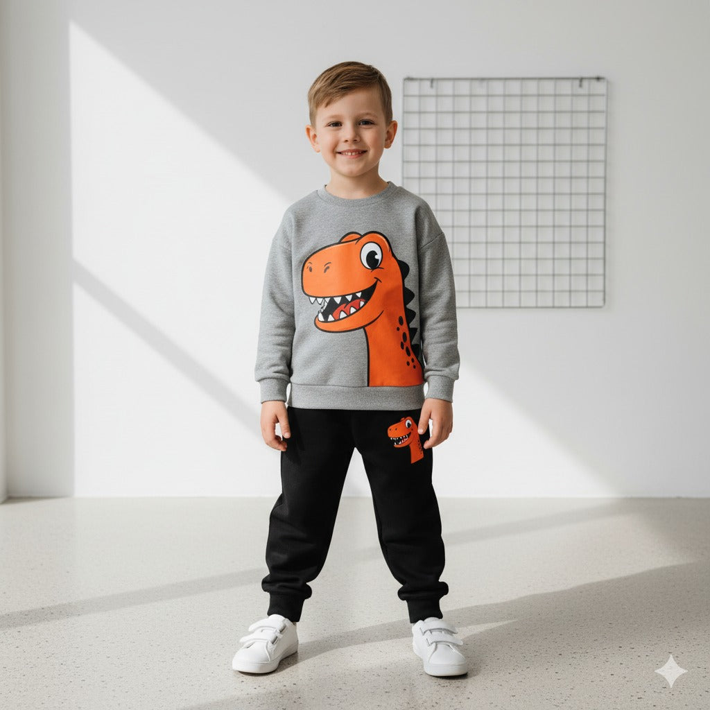 0001 Grey Dragon Printed Sweatshirt With Black Dragon Printed Fleece Trouser Tracksuit For Kids