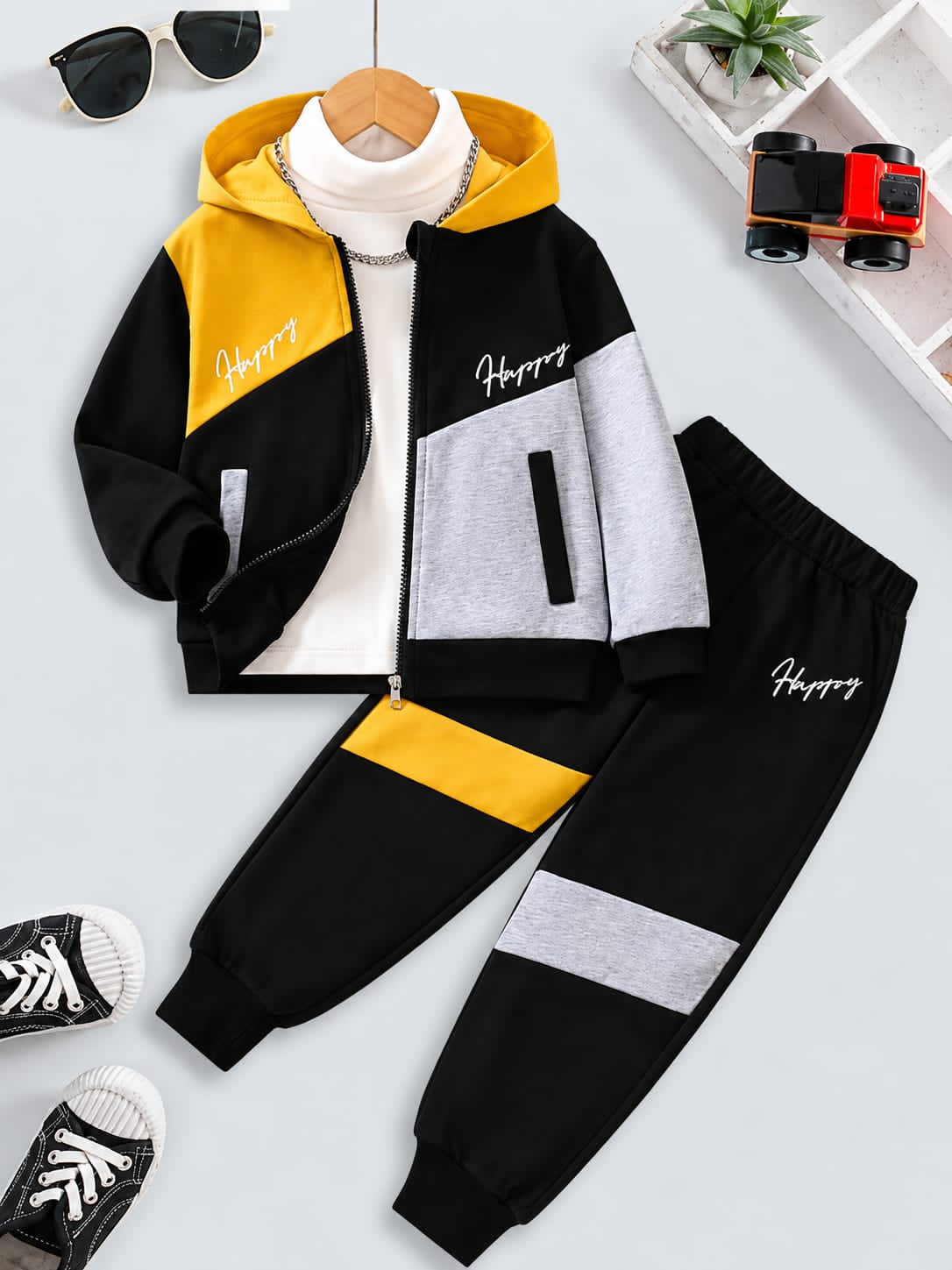 0000 Black Happy Printed Yellow Grey Block Zipper Kids Tracksuit