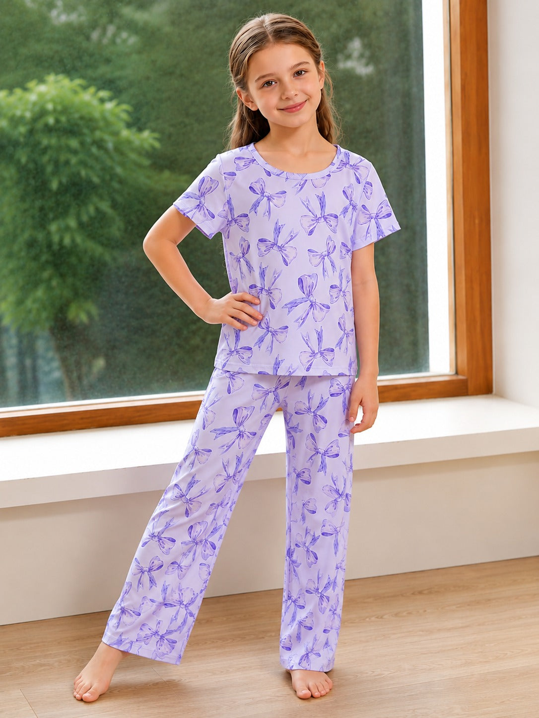 0000 Lilac All Over Bow Printed Half Sleeves T-shirt with Bow Printed Pajama Kids Suits