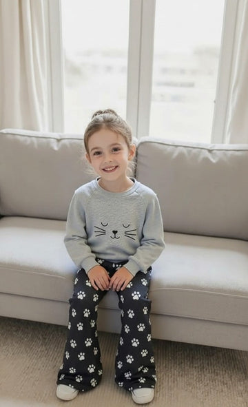 0000 Grey Meow Printed Sweatshirt With Black Cat Foot Printed Fleece Trouser Tracksuit For Kids