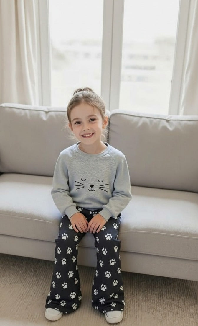 Grey Meow Printed Sweatshirt With Black Cat Foot Printed Fleece Trouser Tracksuit For Kids