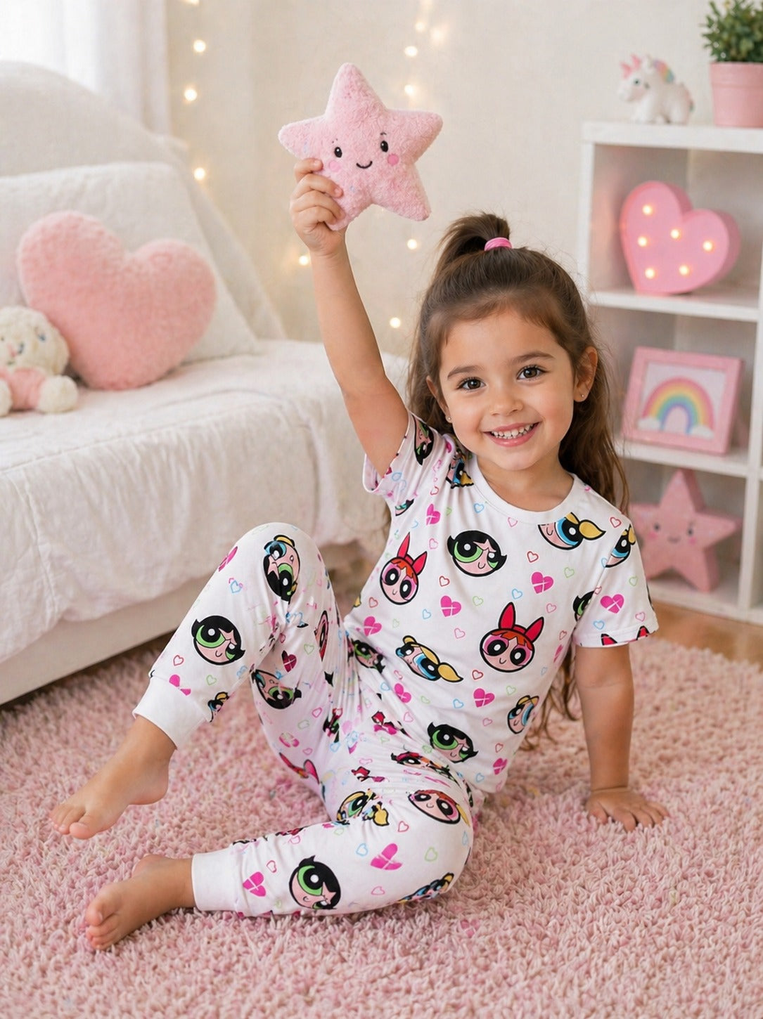 0000 Offwhite Power girls Printed Half Sleeves T-shirt with Power Girl Digital Printed Pajama Kids Suits