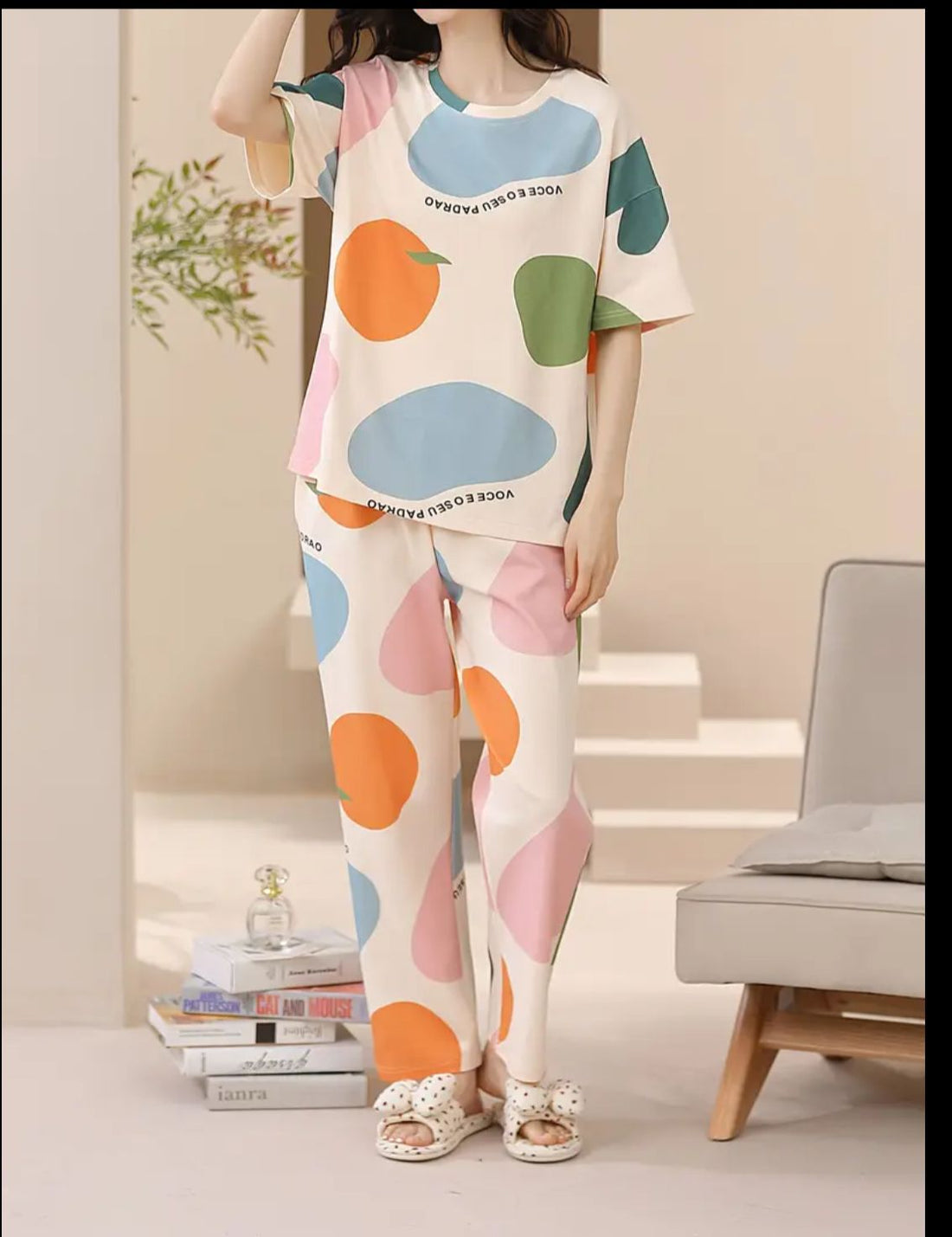 0000 Offwhite Multi Pattern Printed Half Sleeves T-shirt With multi Printed Pajama Suit