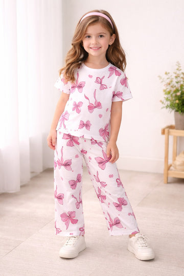 00000 Offwhite all Over Bow Printed Half Sleeves T-shirt with Bow Digital Printed Pajama Kids Suits