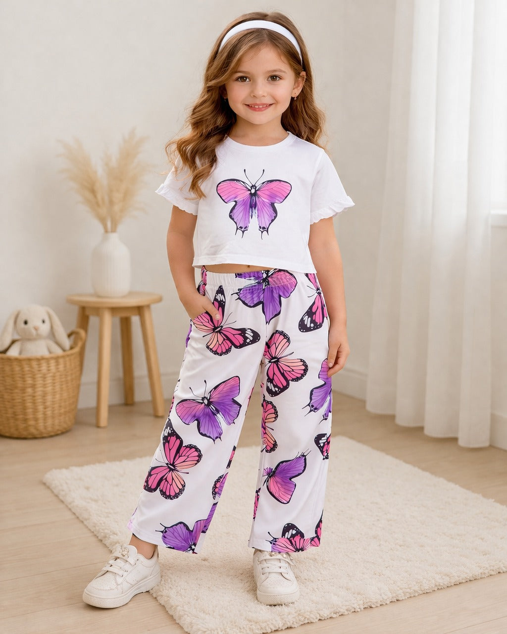 00000 Offwhite Butterfly Printed Half Sleeves T-shirt with Butterflies Digital Printed Pajama Kids Suits