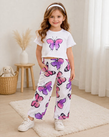 00000 Offwhite Butterfly Printed Half Sleeves T-shirt with Butterflies Digital Printed Pajama Kids Suits